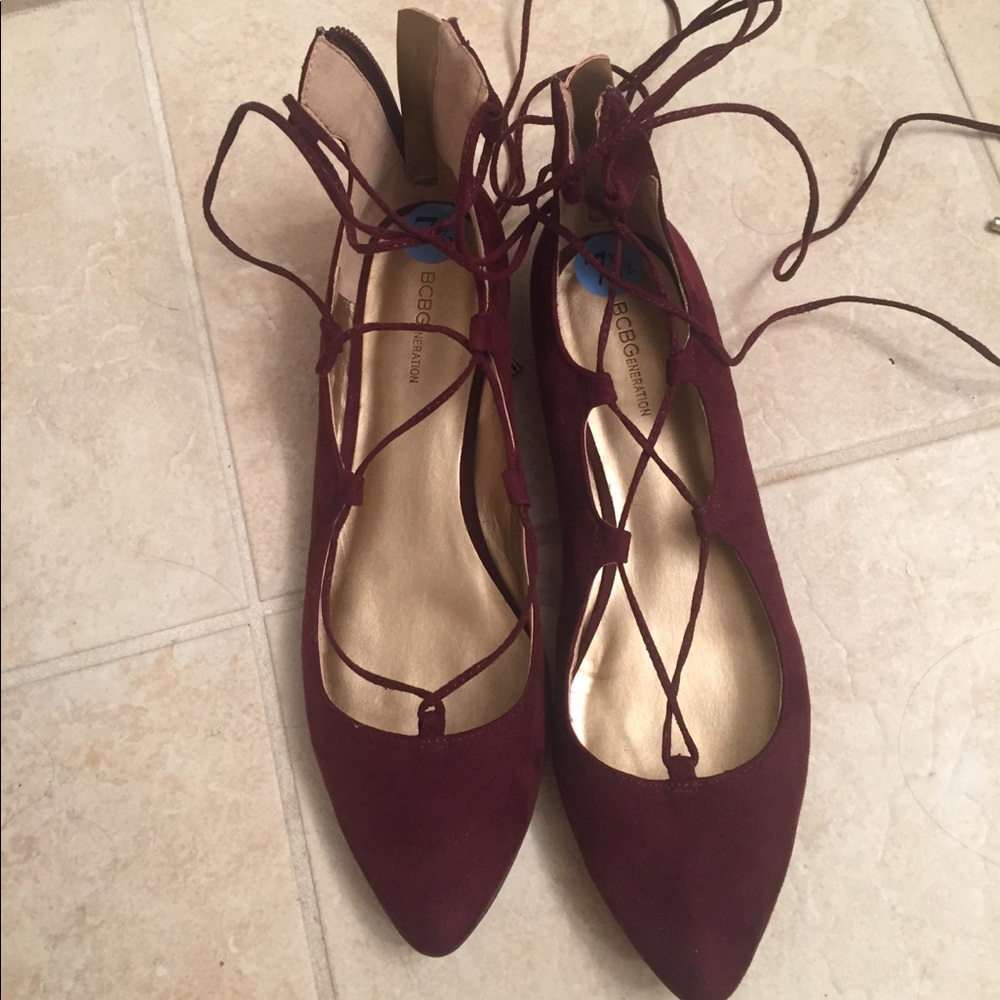 BCBG Burgundy Suede Lace-Up Ballet Flats